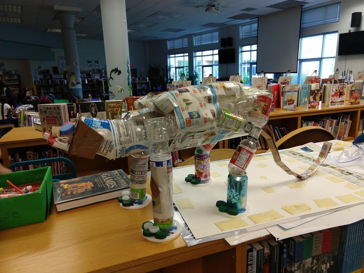 The Going Green club’s panther mascot, created from a variety of recyclable materials.