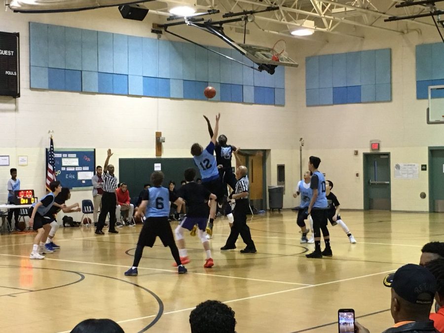 RCMS students ready for the tip-off of the 2017-18 eighth-grade basketball game on March 16, 2018.