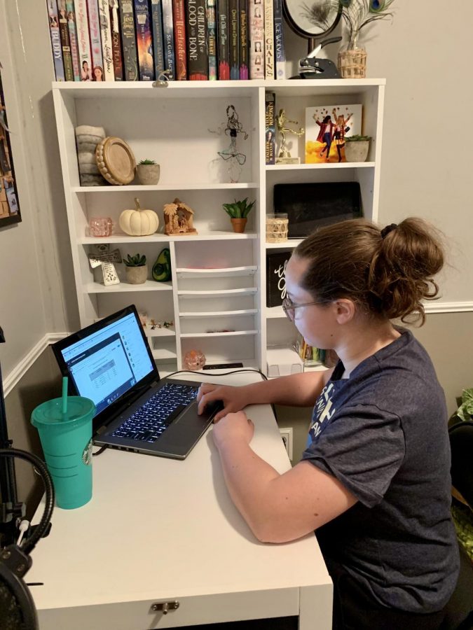 Grace Gibbens, seventh grader at RCMS, is attending her Panther Time class while taking notes. Grace is enjoying meeting new people and seeing new faces but cant wait to see everyone in real live school.