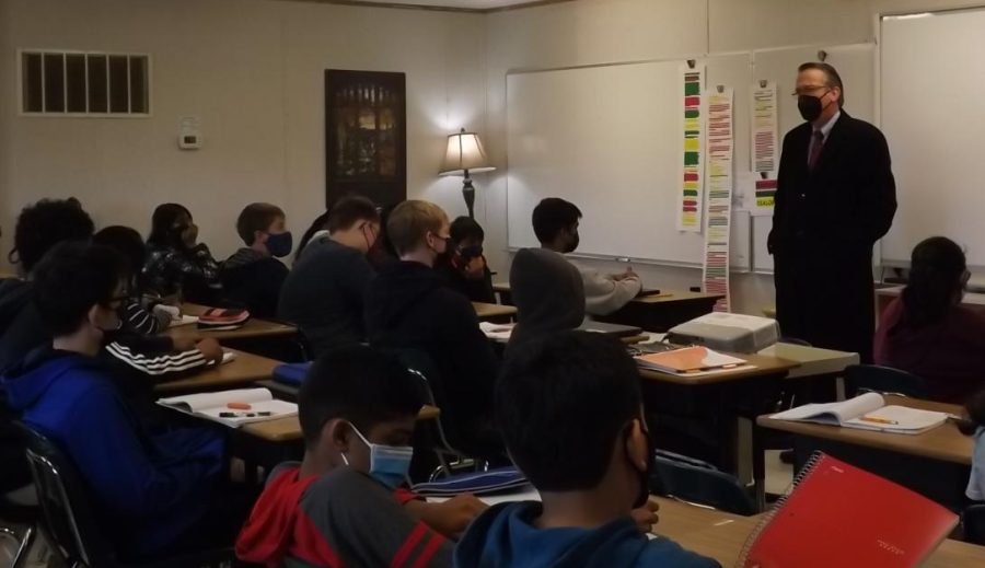 Superintendent Scott Brabrand speaks to journalism students during his visit to RCMS on Nov. 23.