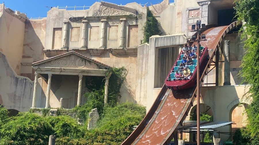 Visitors enjoying ‘Escape from Pompeii,’ a water ride in Busch Gardens, Williamsburg in August 2021. (Courtesy of Arya Takalkar)