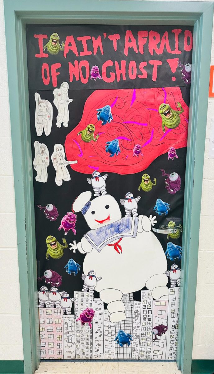 A picture of Ms. Amy Allen’s fully decorated door after the competition.