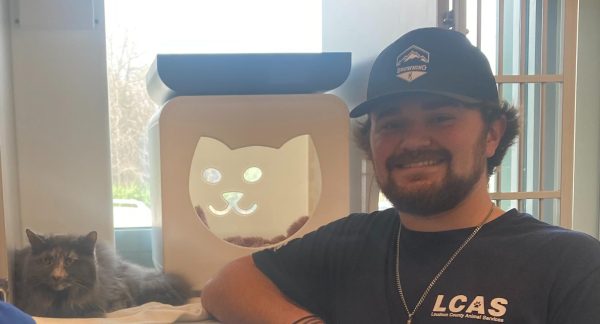 Zach Carpenter, an LCAS staff member, stands next to a cat that is available for adoption.
