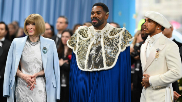 Co-Hosts, Anna Wintour (Left), Colman Domingo (Middle), and Lewis Hamilton (Right) arrive at the Met Gala’s Daffodil Carpet in the early hours of the event.
