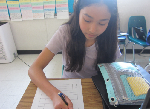 Isha Lee, 13, on the Champions Team, is doing practice for the English SOL. “I always like to be prepared for the SOL because it gets harder every single year,” she said. 